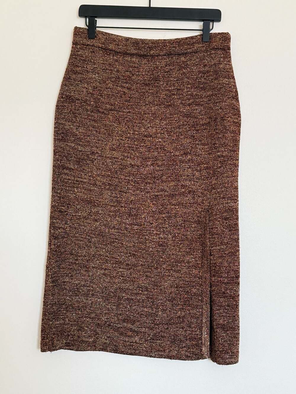 Vintage M.J. Carroll Metallic Knit Midi Skirt Brown Gold Sz M Side Slit
